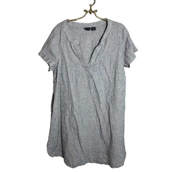 Tahari Dresses & Skirts - Tahari Womens 1X Blue White Striped 100% Linen Short Sleeve V-Neck Shift Dress